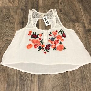 White and floral embroidered PacSun top